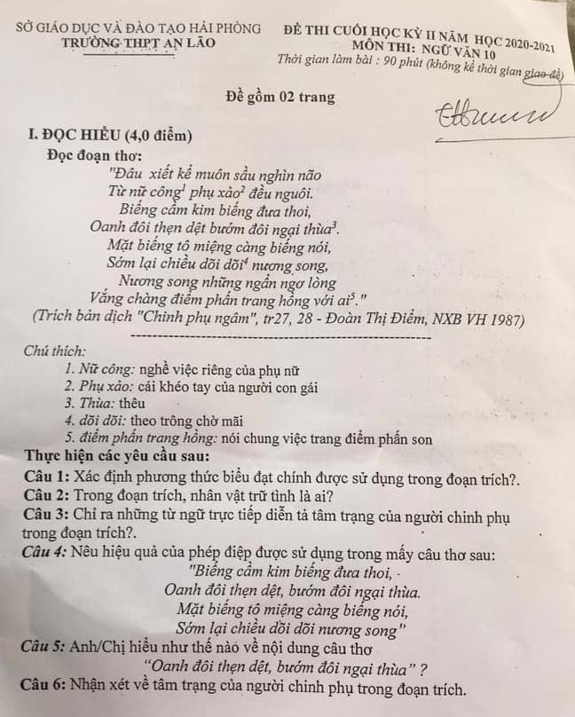 Đề thi học kì 2 môn Ngữ văn lớp 10 trường THPT An Lão, Hải Phòng năm 2020-2021