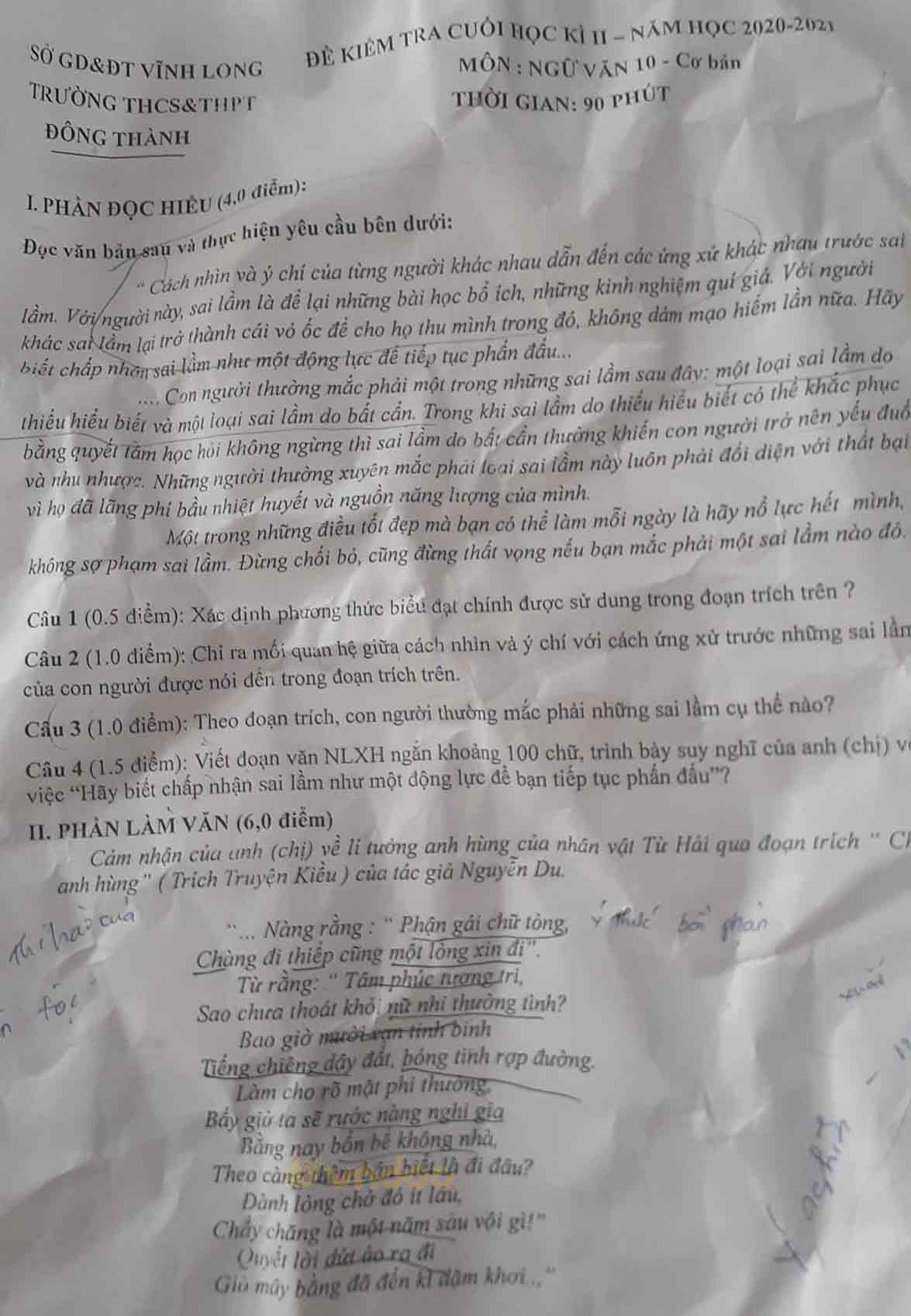 Đề thi học kì 2 môn Ngữ văn lớp 10 trường THPT Đông Thành, Vĩnh Long năm 2020-2021