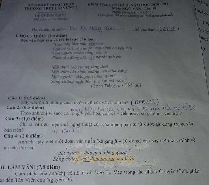 Đề thi học kì 2 môn Ngữ văn lớp 10 trường THPT Lai Vung 2, Đồng Tháp năm 2020-2021