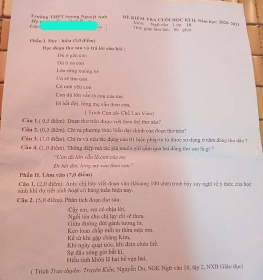 Đề thi học kì 2 môn Ngữ văn lớp 10 trường THPT Sương Nguyệt Anh, TP HCM năm 2020-2021