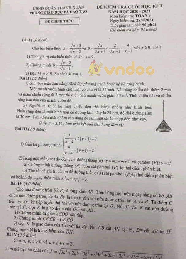 Đề thi học kì 2 Toán 9 phòng GD&ĐT Quận Thanh Xuân năm 2020 - 2021