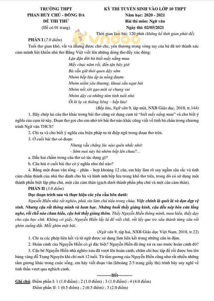 Đề thi thử vào lớp 10 môn Ngữ văn Trường THPT Phan Huy Chú, Đống Đa năm 2020 - 2021