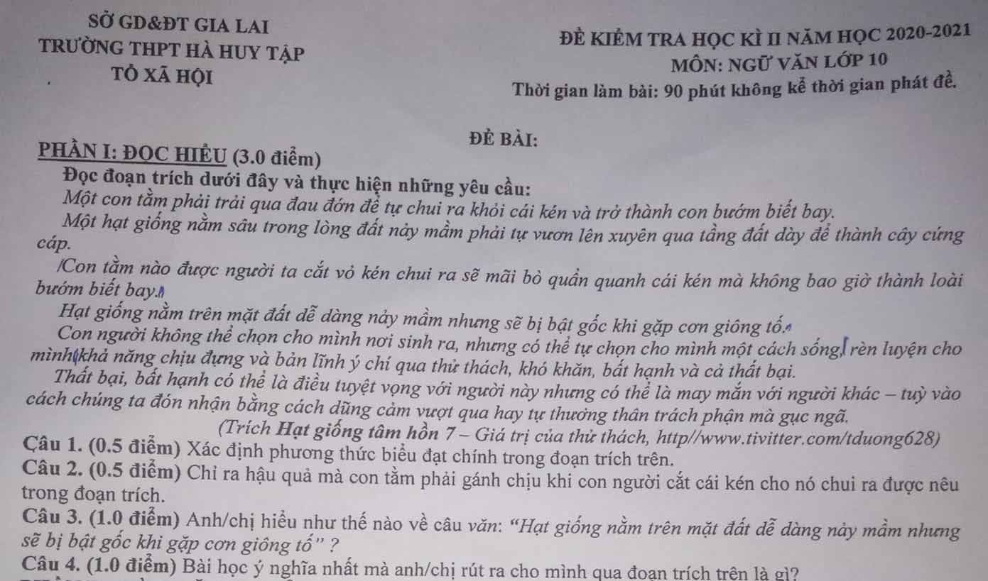 Đề thi học kì 2 môn Ngữ văn lớp 10 trường THPT Hà Huy Tập, Gia Lai năm 2020-2021