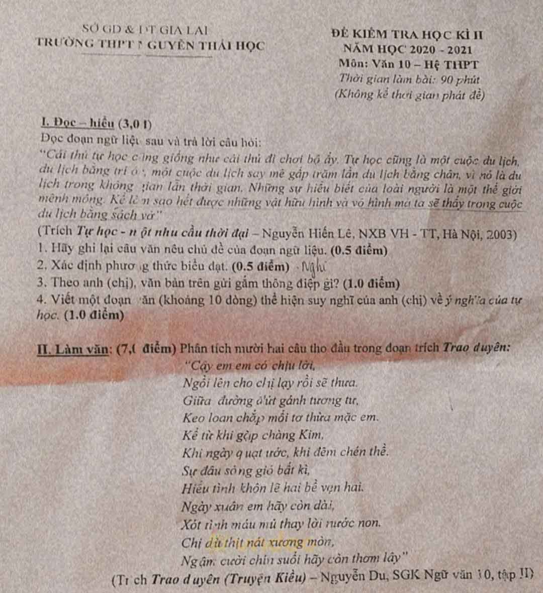 Đề thi học kì 2 môn Ngữ văn lớp 10 trường THPT Nguyễn Thái Học, Gia Lai năm 2020-2021