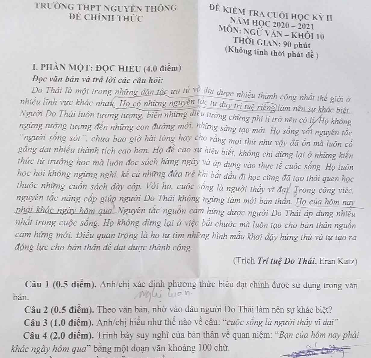 Đề thi học kì 2 môn Ngữ văn lớp 10 trường THPT Nguyễn Thông, Vĩnh Long năm 2020-2021