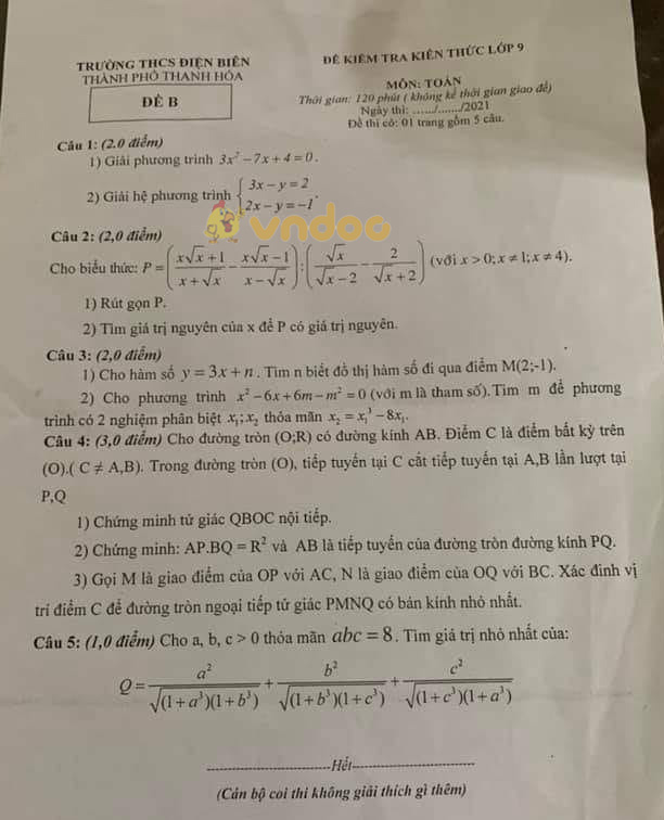 Đề thi thử vào lớp 10 môn Toán Trường THCS Điện Biên, Thanh Hóa năm 2021 - 2022