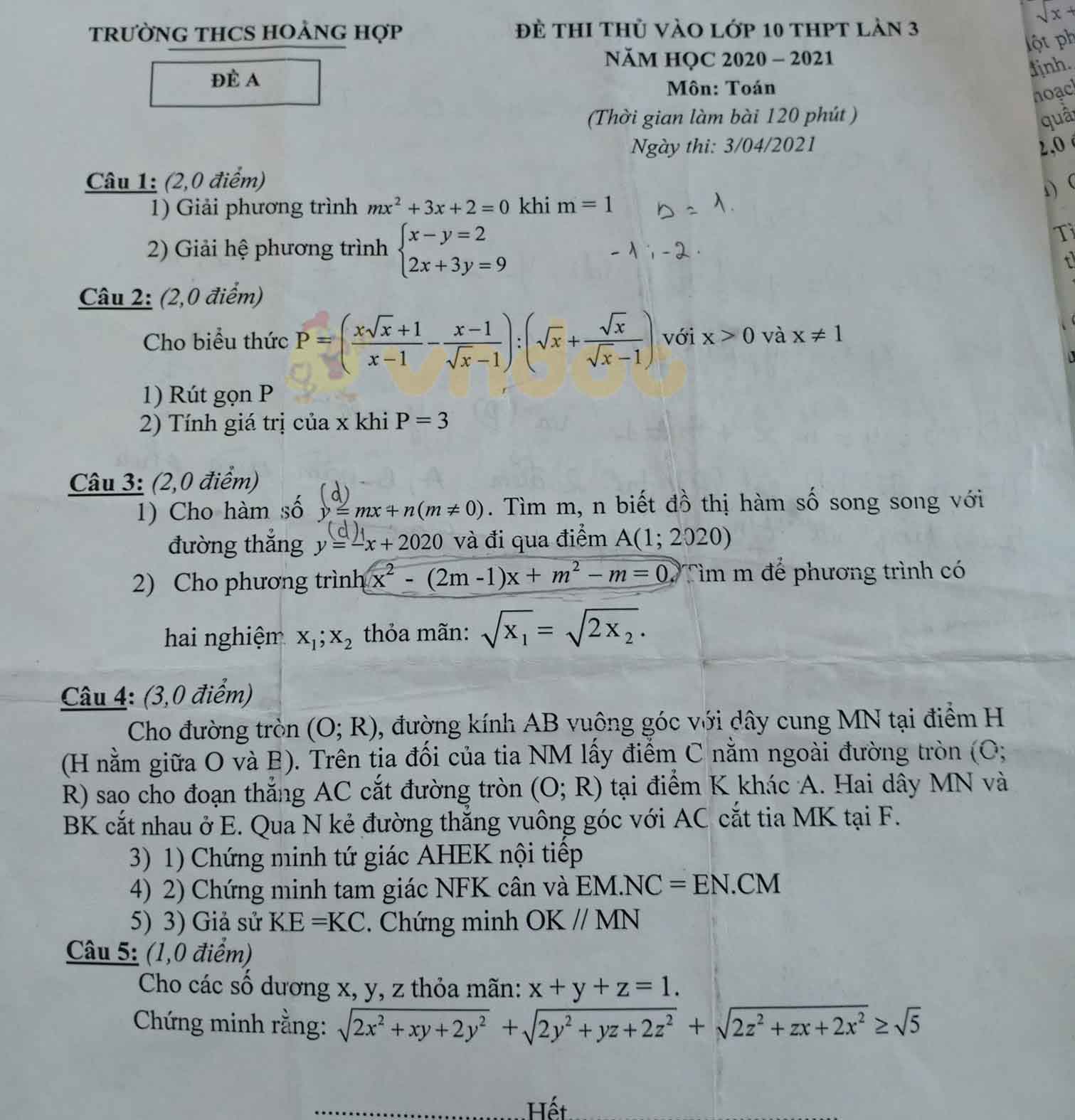 Đề thi thử vào lớp 10 môn Toán Trường THCS Hoàng Hợp năm 2020 - 2021