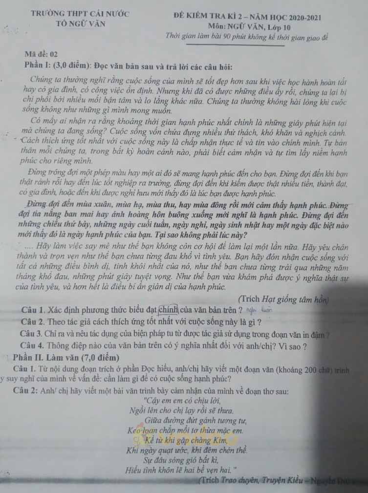 Đề thi học kì 2 môn Ngữ văn lớp 10 trường THPT Cái Nước, Cà Mau năm 2020-2021