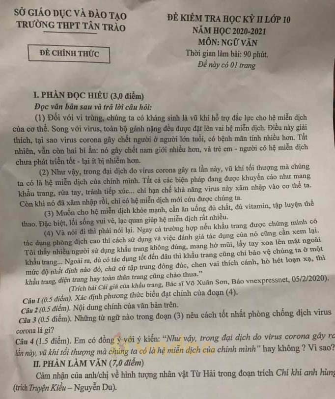 Đề thi học kì 2 môn Ngữ văn lớp 10 trường THPT Tân Trào, Tuyên Quang năm 2020-2021