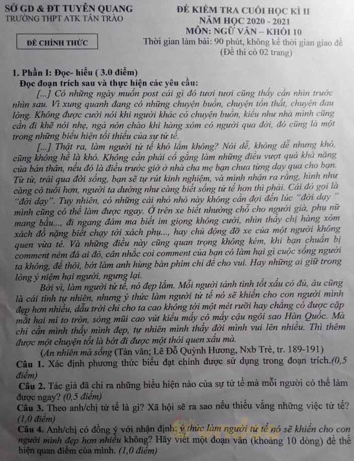 Đề thi học kì 2 môn Ngữ văn lớp 10 trường THPT ATK Tân Trào, Tuyên Quang năm 2020-2021