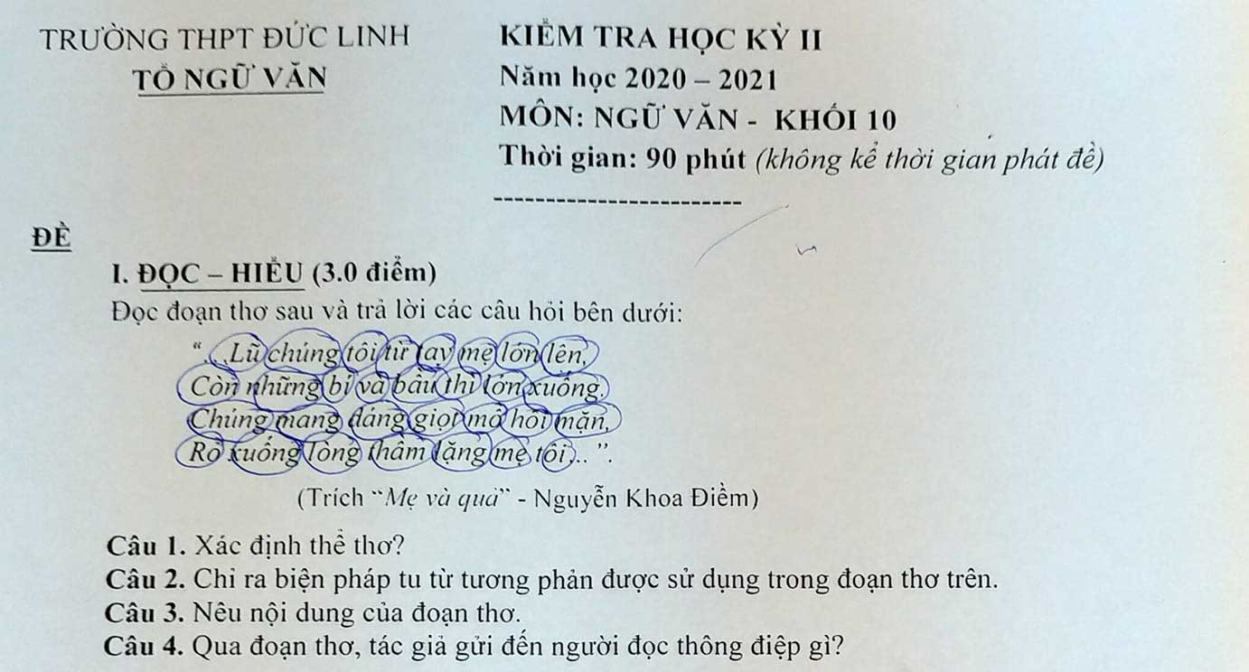 Đề thi học kì 2 môn Ngữ văn lớp 10 trường THPT Đức Linh, Bình Thuận