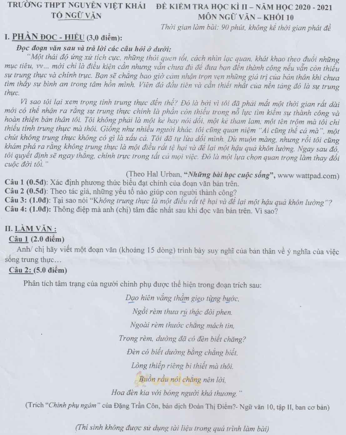 Đề thi học kì 2 môn Ngữ văn lớp 10 trường THPT Nguyễn Việt Khái, Cà Mau năm 2020-2021