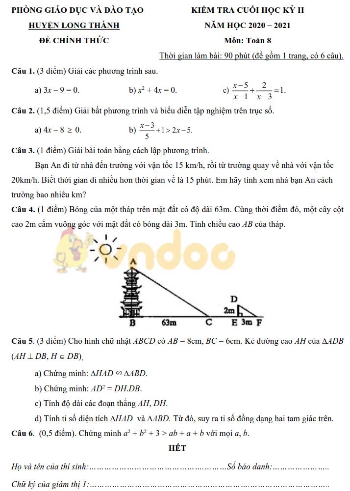 Đề thi học kì 2 Toán 8 Phòng GD&ĐT huyện Long Thành năm 2020 - 2021