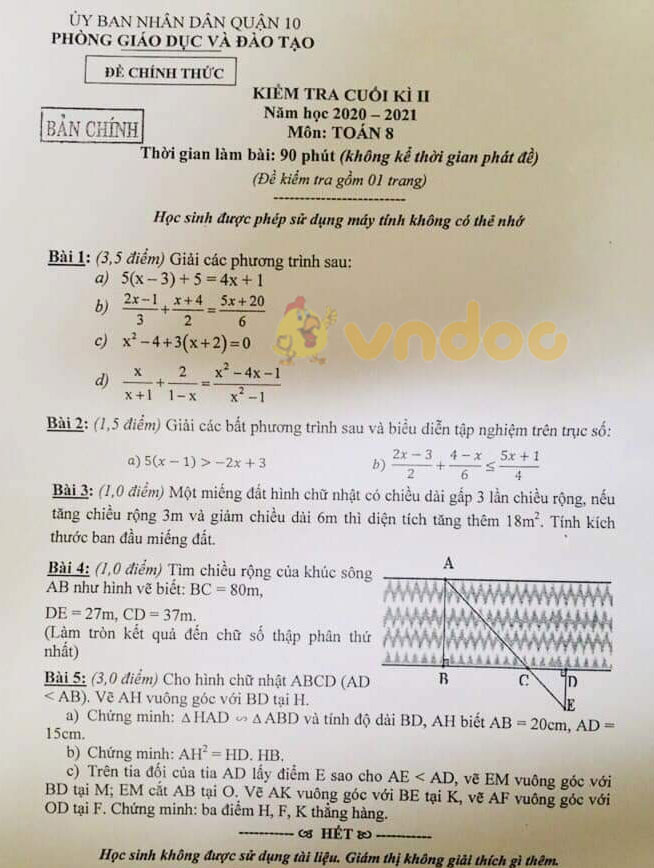 Đề thi học kì 2 Toán 8 Phòng GD&ĐT Quận 10, TP. HCM năm 2020 - 2021