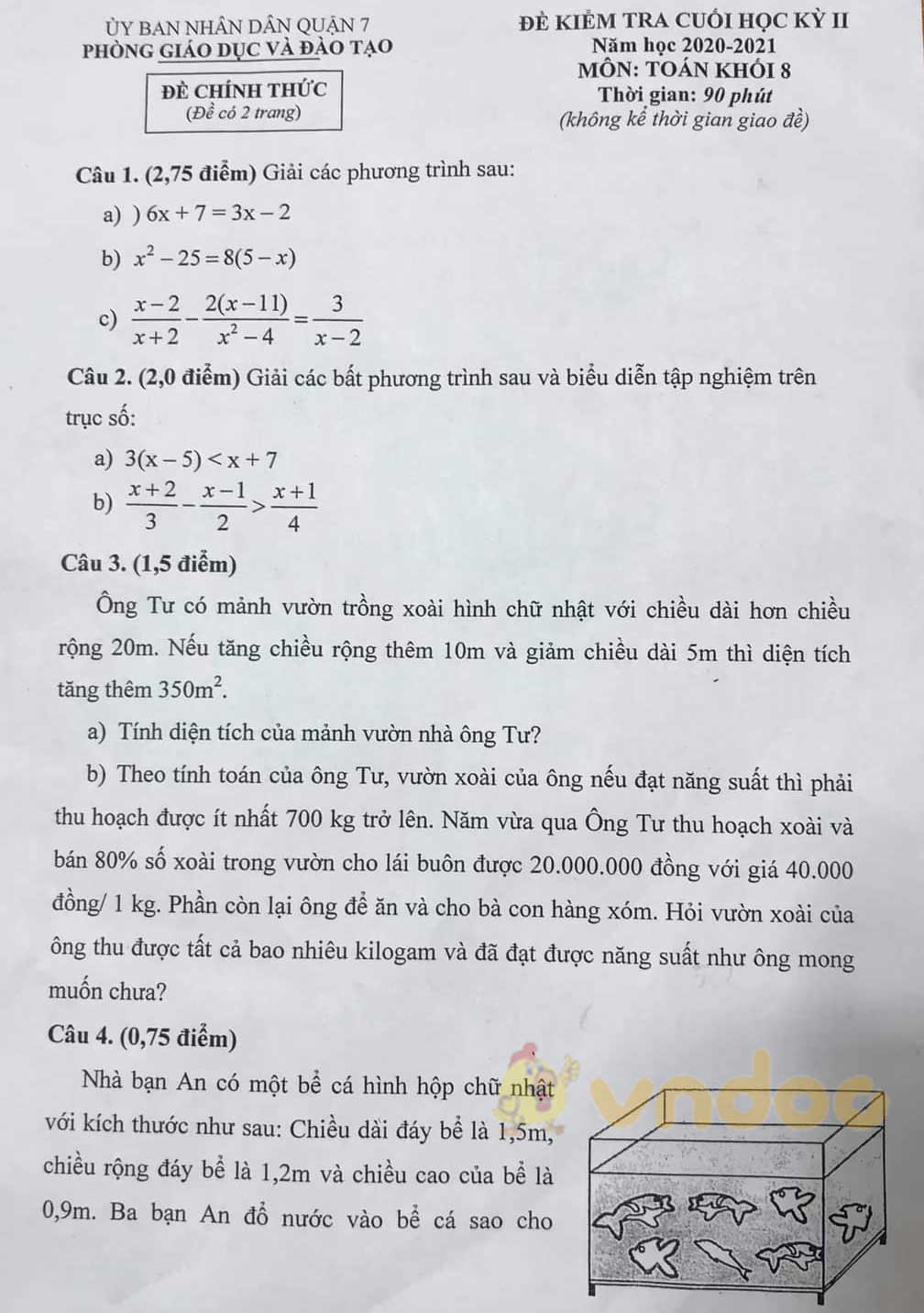 Đề thi học kì 2 Toán 8 Phòng GD&ĐT Quận 7, TP. HCM năm 2020 - 2021