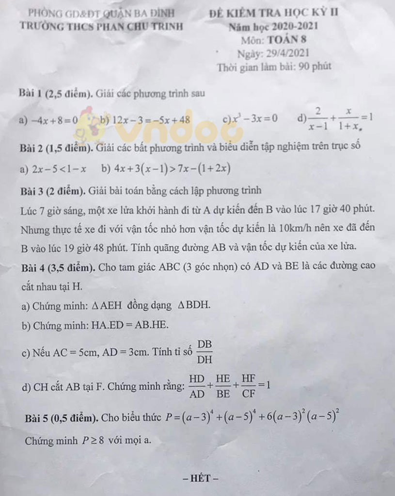 Đề thi học kì 2 Toán 8 Trường THCS Phan Chu Trinh, Ba Đình năm 2020 - 2021