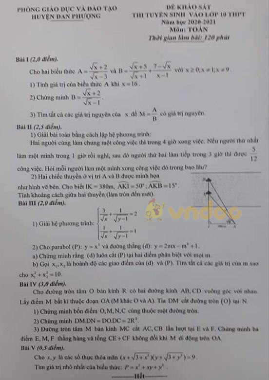 Đề thi thử vào lớp 10 môn Toán phòng GD&ĐT huyện Đan Phượng năm 2020 - 2021