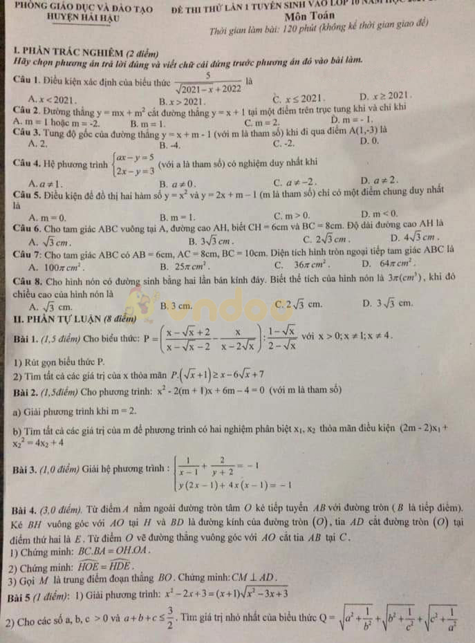 Đề thi thử vào lớp 10 môn Toán Phòng GD&ĐT huyện Hải Hậu năm 2021 - 2022 (lần 1)