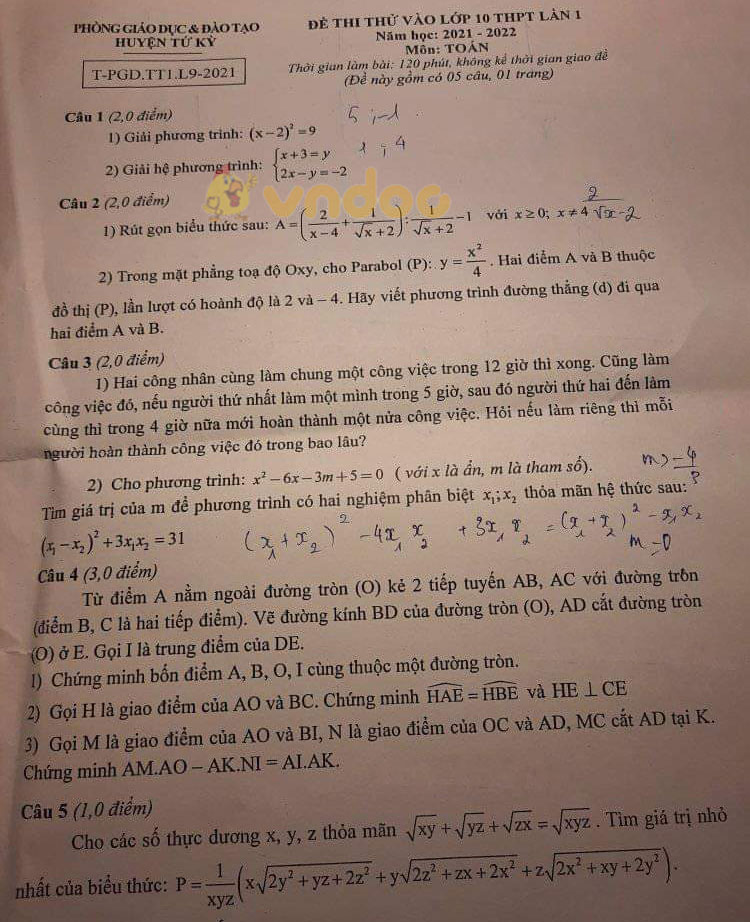 Đề thi thử vào lớp 10 môn Toán Phòng GD&ĐT huyện Tứ Kỳ, Hải Dương năm 2021 - 2022 (lần 1)