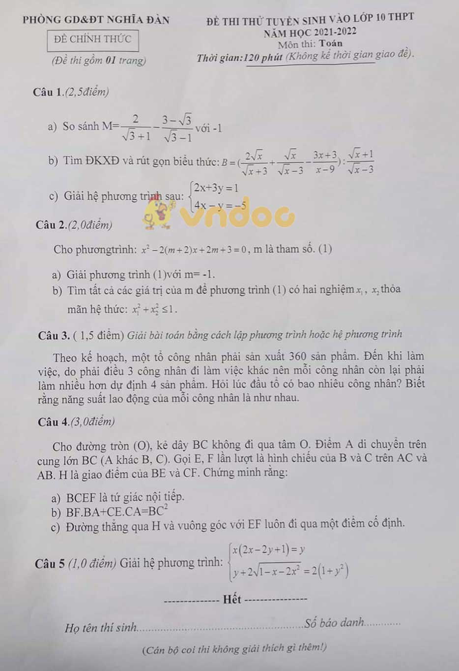 Đề thi thử vào lớp 10 môn Toán Phòng GD&ĐT Nghĩa Đàn năm 2021 - 2022