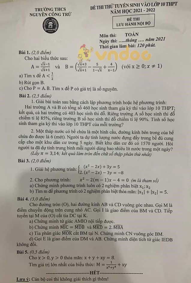 Đề thi thử vào lớp 10 môn Toán Trường THCS Nguyễn Công Trứ năm 2021 - 2022