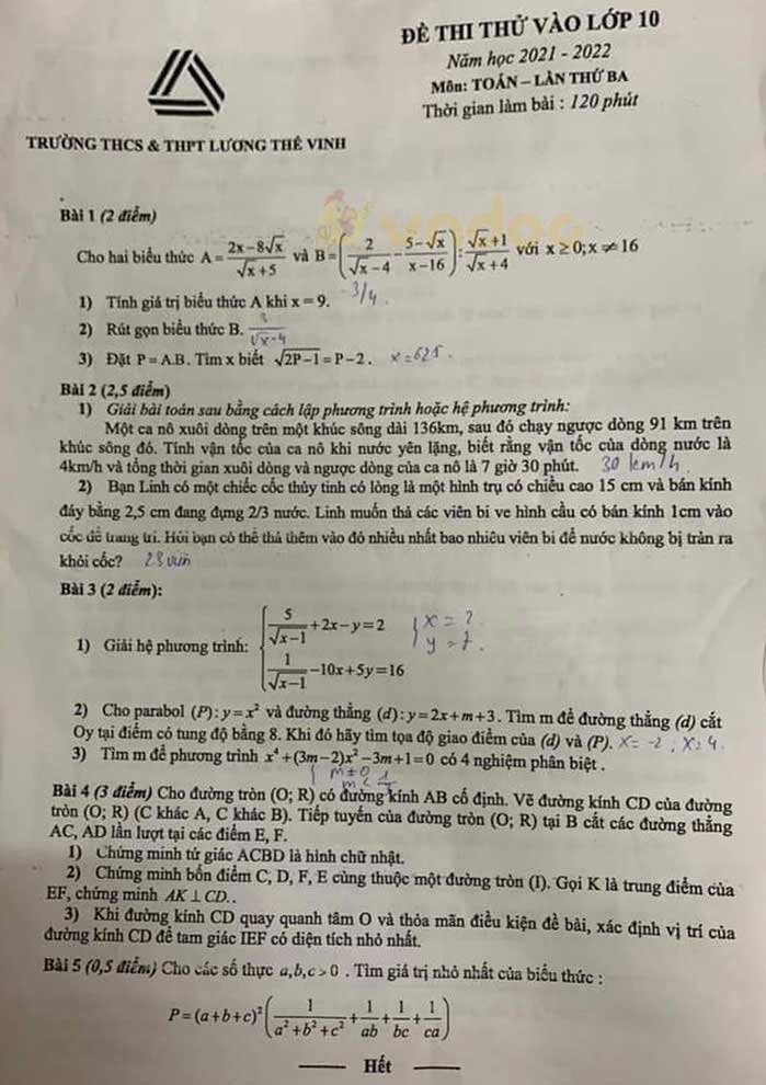 Đề thi thử vào lớp 10 môn Toán Trường THCS&THPT Lương Thế Vinh năm 2021 - 2022 (lần 3)