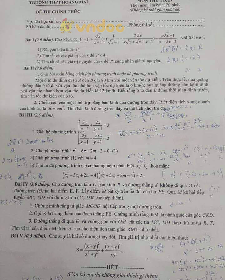 Đề thi thử vào lớp 10 môn Toán Trường THPT Hoàng Mai năm 2021 - 2022