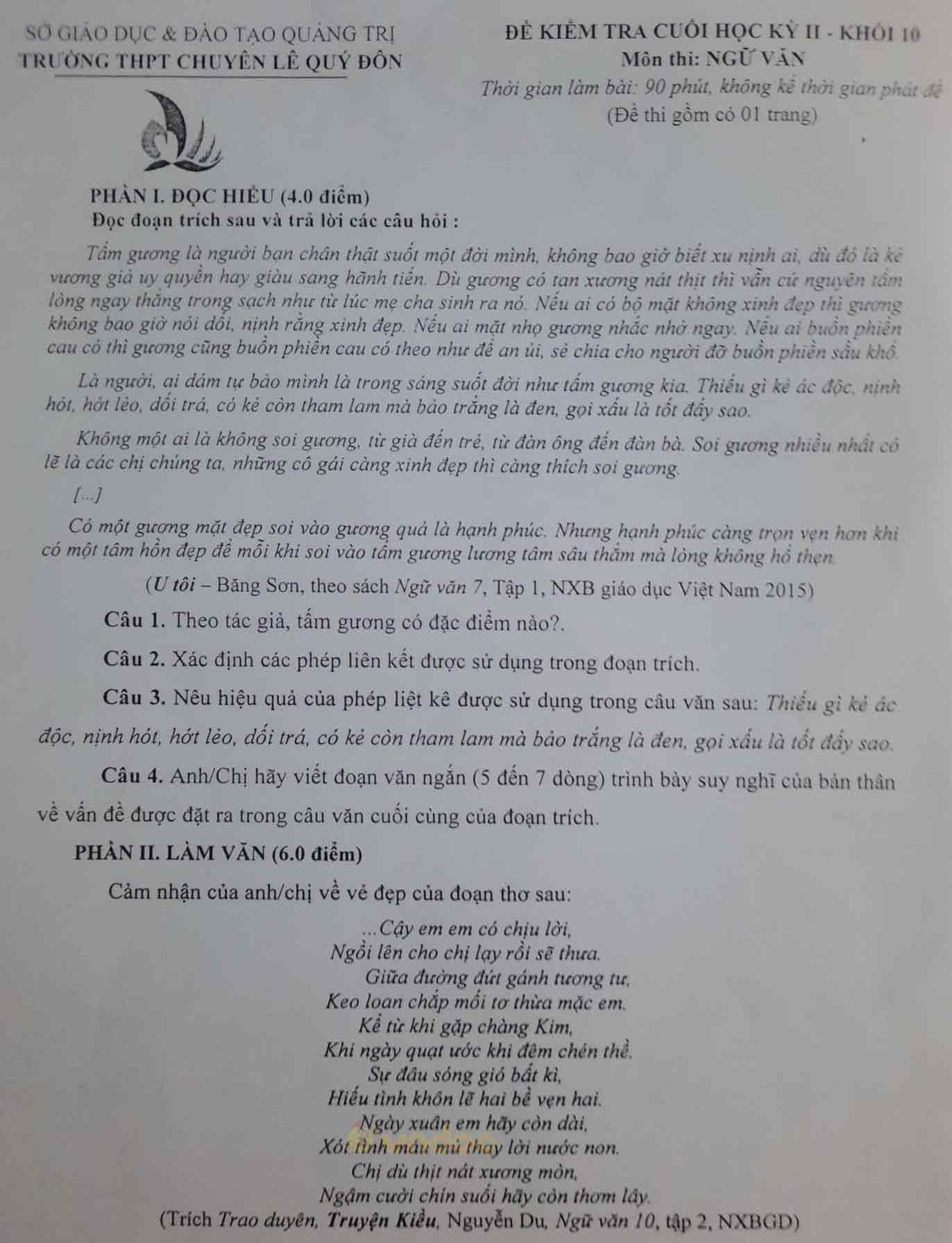 Đề thi học kì 2 môn Ngữ văn lớp 10 trường THPT Chuyên Lê Quý Đôn, Quảng Trị năm 2020-2021