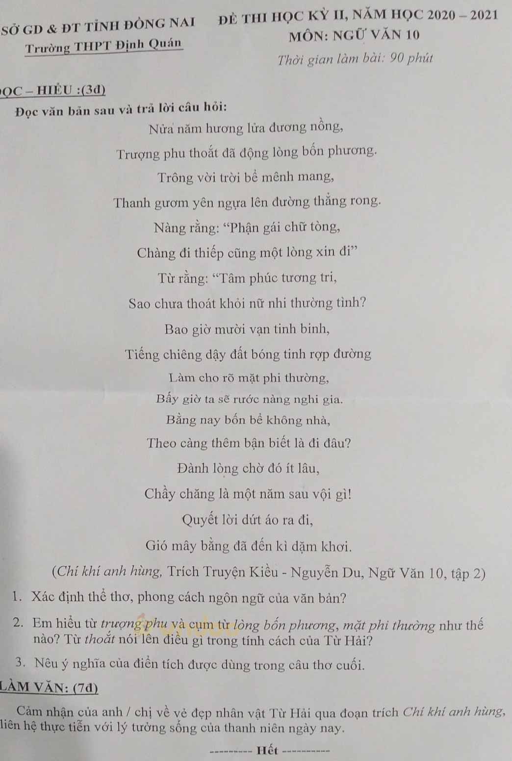 Đề thi học kì 2 môn Ngữ văn lớp 10 trường THPT Định Quán, Đồng Nai năm 2020-2021