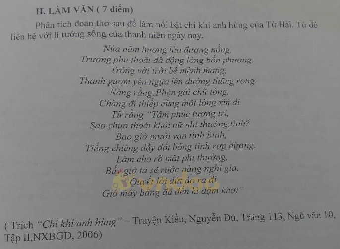 Đề thi học kì 2 môn Ngữ văn lớp 10 trường THPT Hoàng Văn Thụ năm 2020-2021