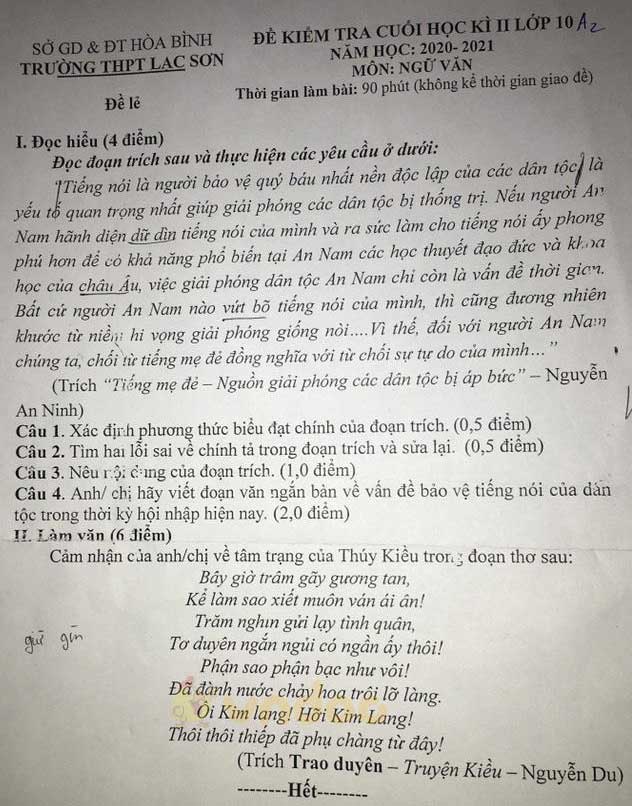 Đề thi học kì 2 môn Ngữ văn lớp 10 trường THPT Lạc Sơn, Hòa Bình năm 2020-2021