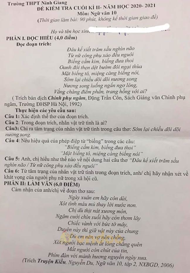 Đề thi học kì 2 môn Ngữ văn lớp 10 trường THPT Ninh Giang, Hải Dương năm 2020-2021