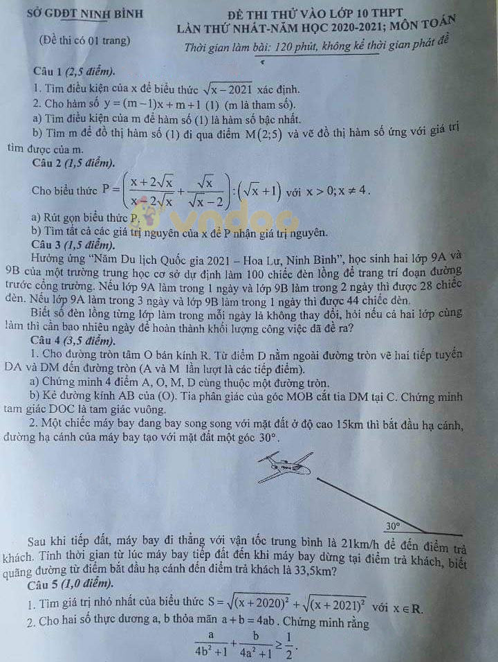 Đề thi thử vào lớp 10 môn Toán Sở GD&ĐT Ninh Bình năm 2020 - 2021 (lần 1)