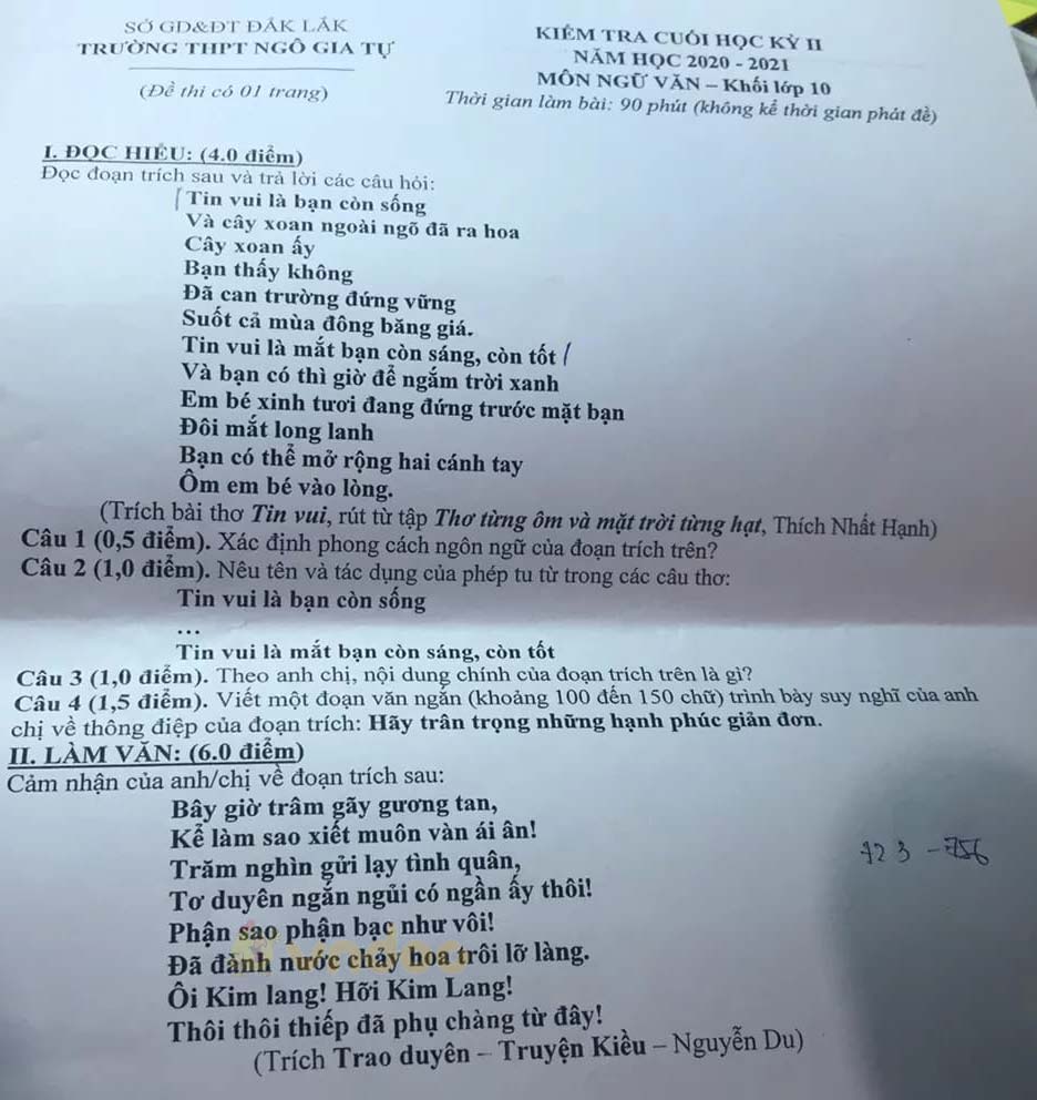 Đề thi học kì 2 môn Ngữ văn lớp 10 trường THPT Ngô Gia Tự, Đắk Lắk năm 2020-2021
