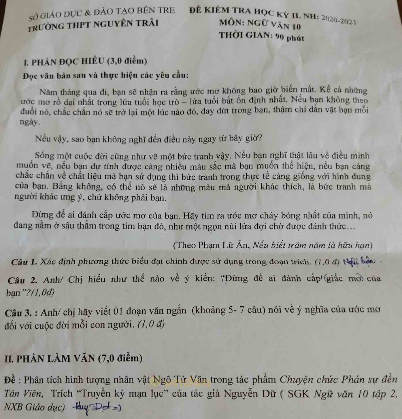 Đề thi học kì 2 môn Ngữ văn lớp 10 trường THPT Nguyễn Trãi, Bến Tre năm 2020-2021