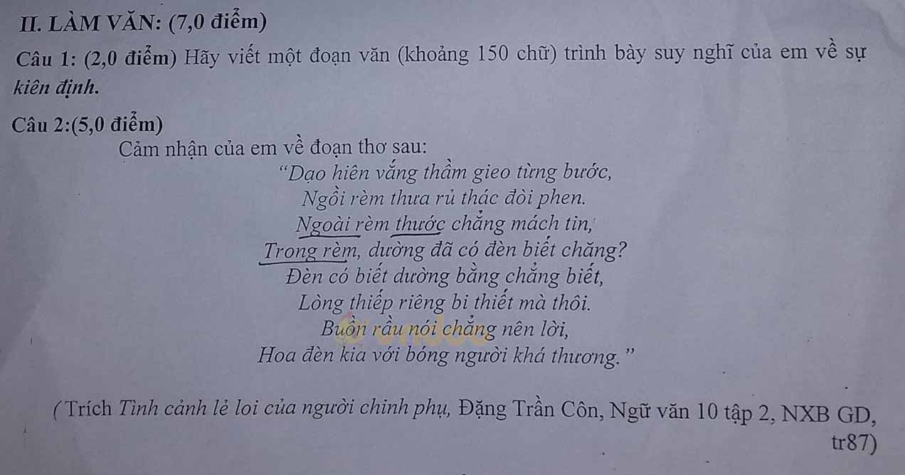 Đề thi học kì 2 môn Ngữ văn lớp 10 trường THPT Phan Văn Trị, Cần Thơ năm 2020-2021
