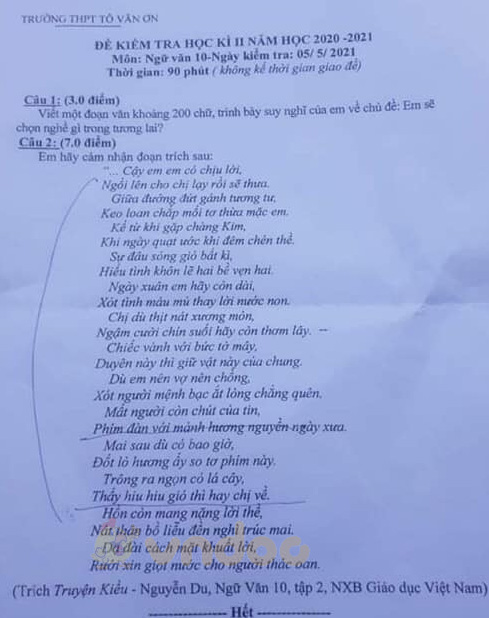 Đề thi học kì 2 môn Ngữ văn lớp 10 trường THPT Tô Văn Ơn, Khánh Hòa năm 2020-2021