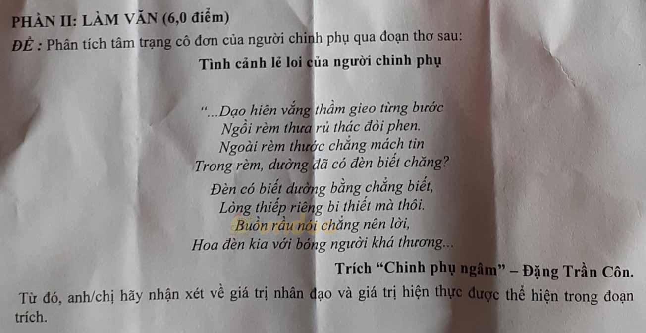 Đề thi học kì 2 môn Ngữ văn lớp 10 trường THPT Bình Khánh, TP HCM năm 2020-2021