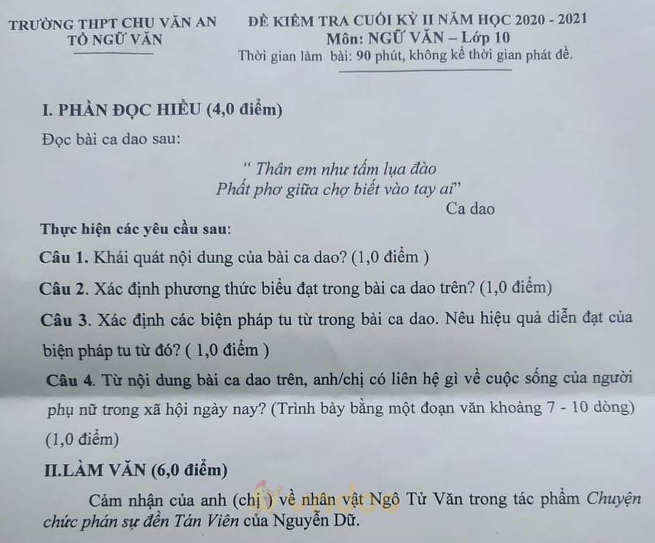 Đề thi học kì 2 môn Ngữ văn lớp 10 trường THPT Chu Văn An năm 2020-2021