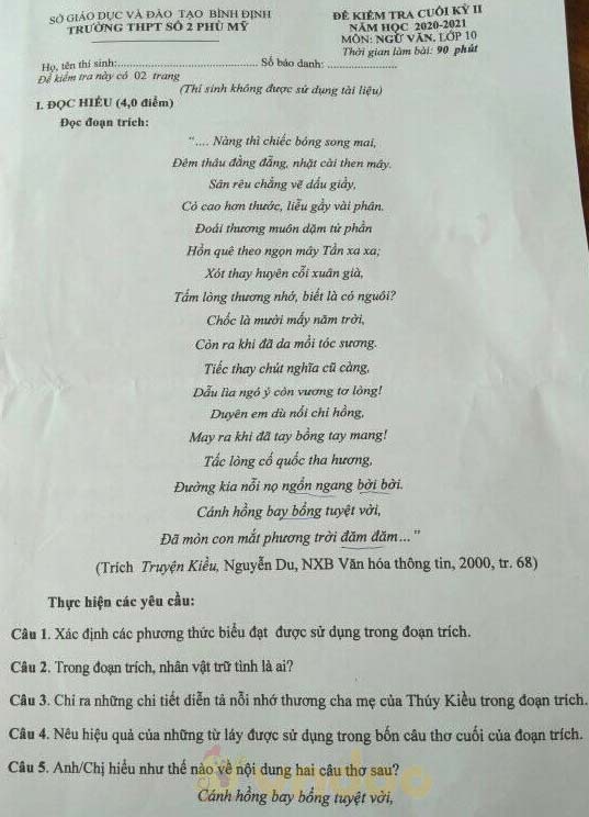 Đề thi học kì 2 môn Ngữ văn lớp 10 trường THPT Số 2 Phù Mỹ, Bình Định năm 2020-2021