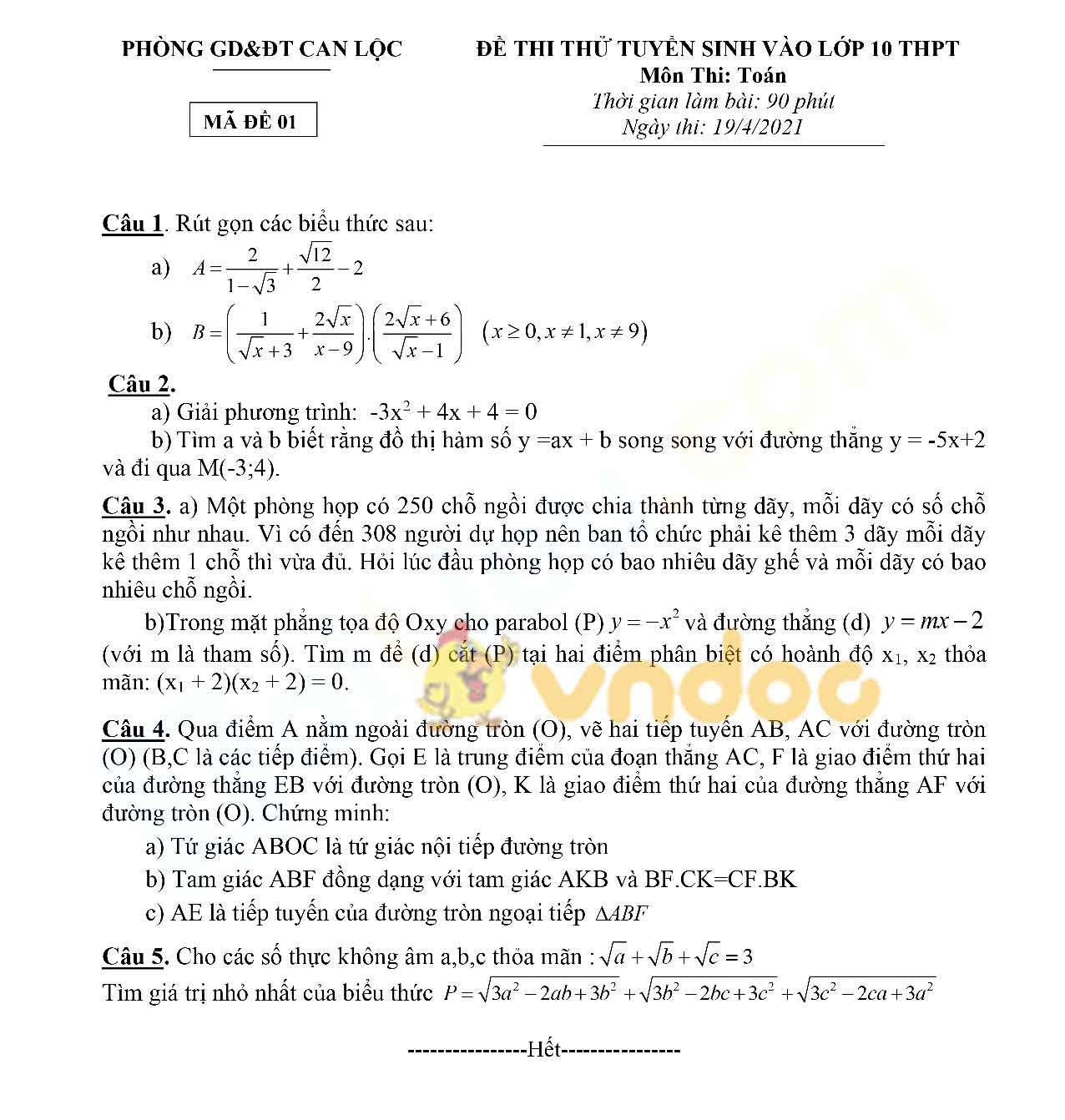Đề thi thử vào lớp 10 môn Toán phòng GD&ĐT Can Lộc, Hà Tĩnh năm 2021 - 2022