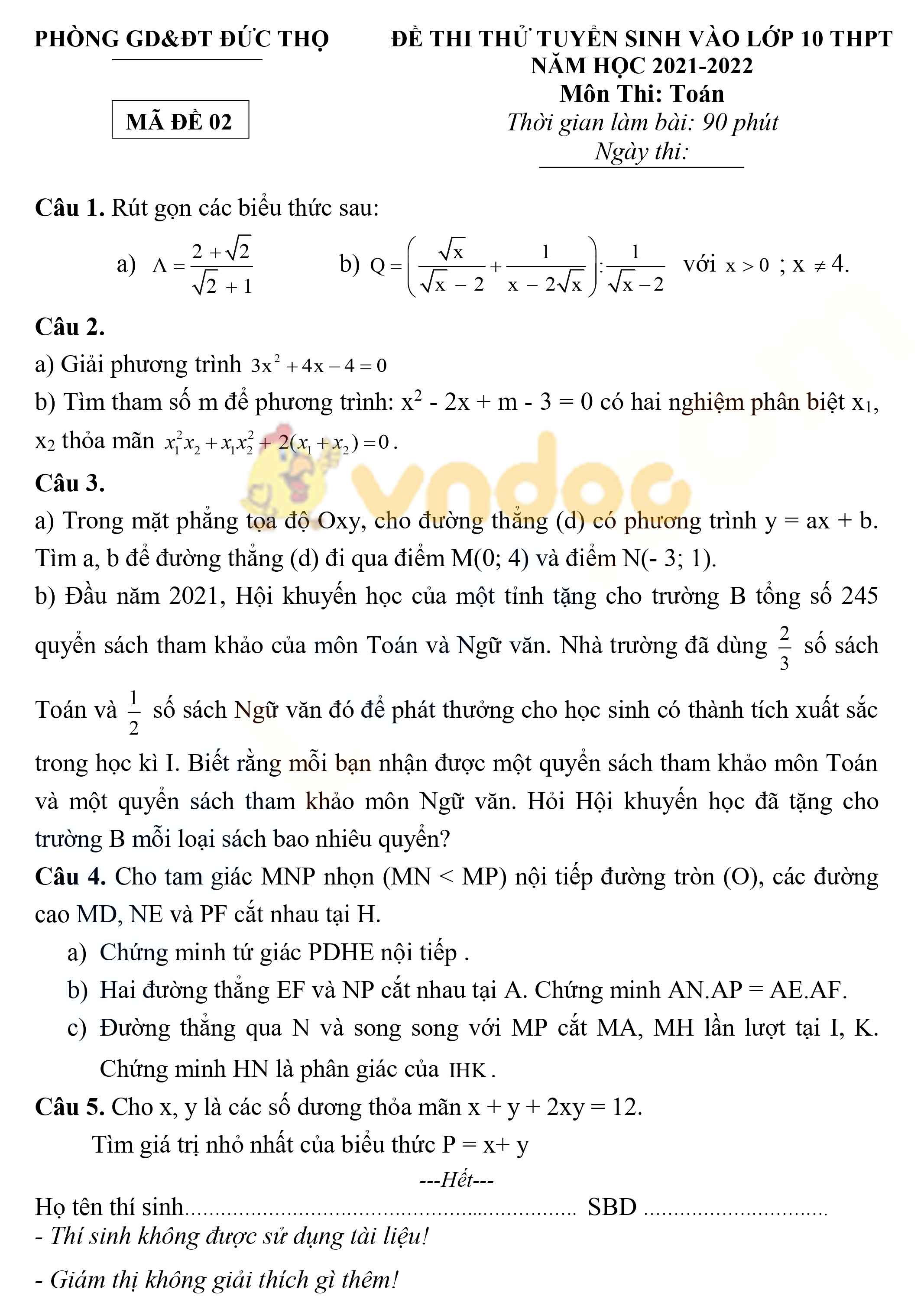Đề thi thử vào lớp 10 môn Toán Phòng GD&ĐT Huyện Đức Thọ, Hà Tĩnh năm 2021 - 2022