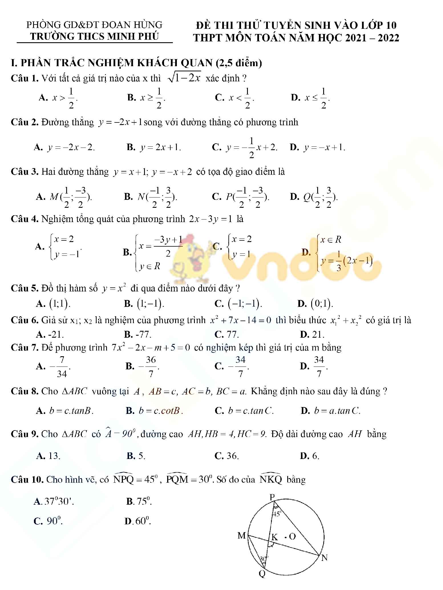 Đề thi thử vào lớp 10 môn Toán trường THCS Minh Phú, Phú Thọ năm 2021 - 2022