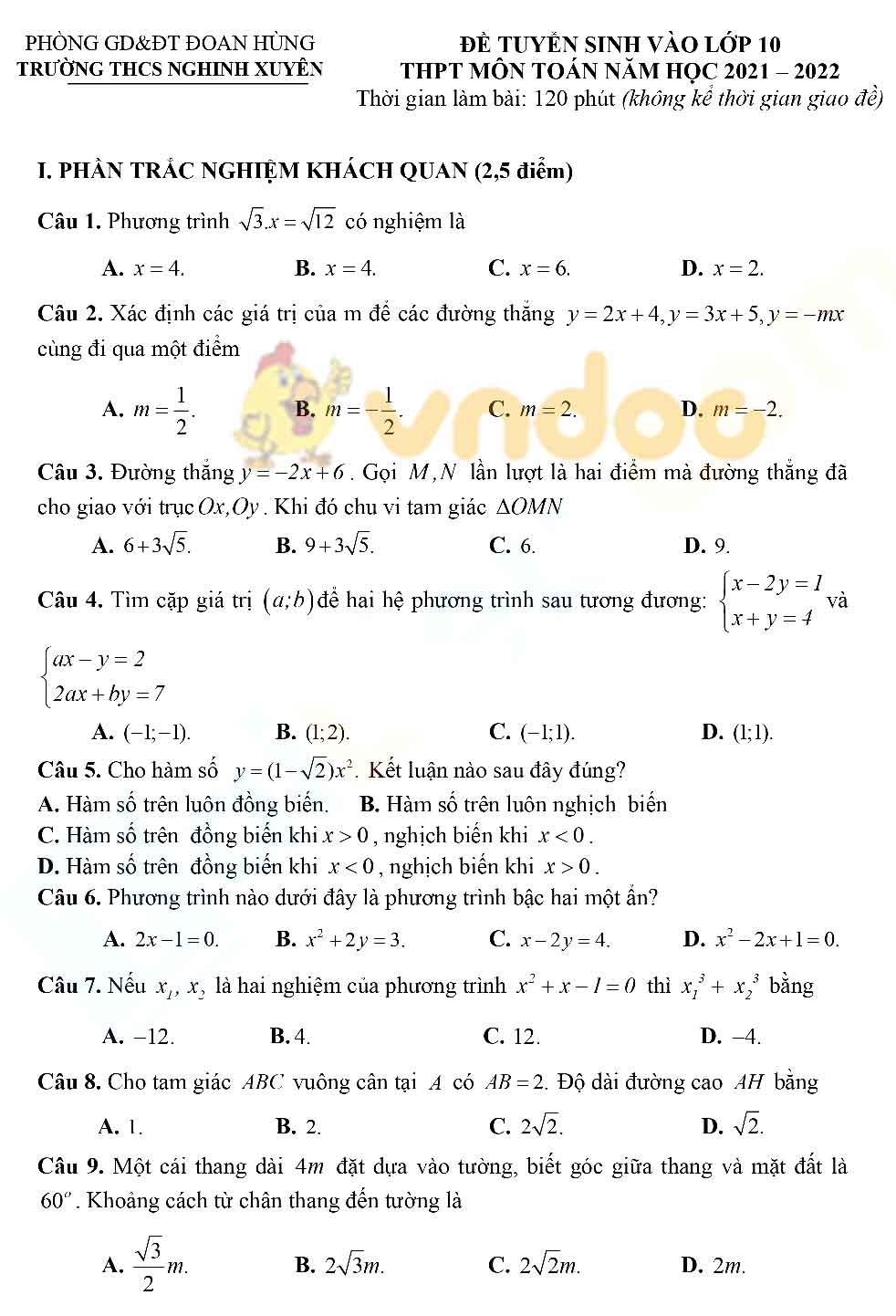 Đề thi thử vào lớp 10 môn Toán trường THCS Nghinh Xuyên, Phú Thọ năm 2021 - 2022