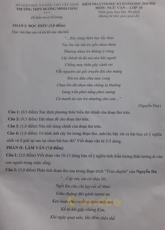 Đề thi học kì 2 môn Ngữ văn lớp 10 trường THPT Dương Minh Châu, Tây Ninh năm 2020-2021