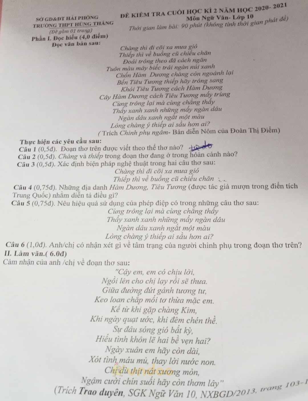 Đề thi học kì 2 môn Ngữ văn lớp 10 trường THPT Hùng Thắng, Hải Phòng năm 2020-2021