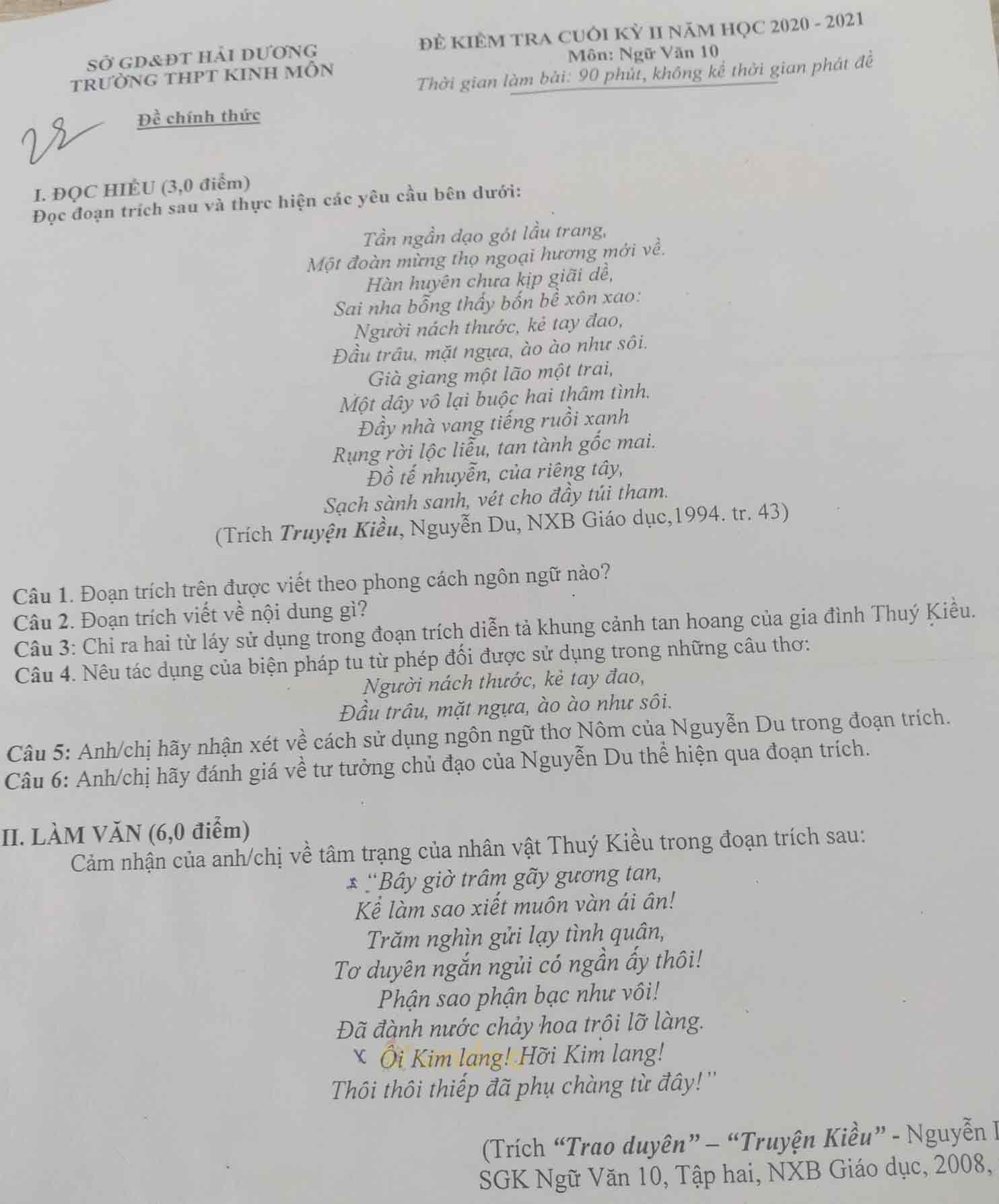 Đề thi học kì 2 môn Ngữ văn lớp 10 trường THPT Kinh Môn, Hải Dương năm 2020-2021