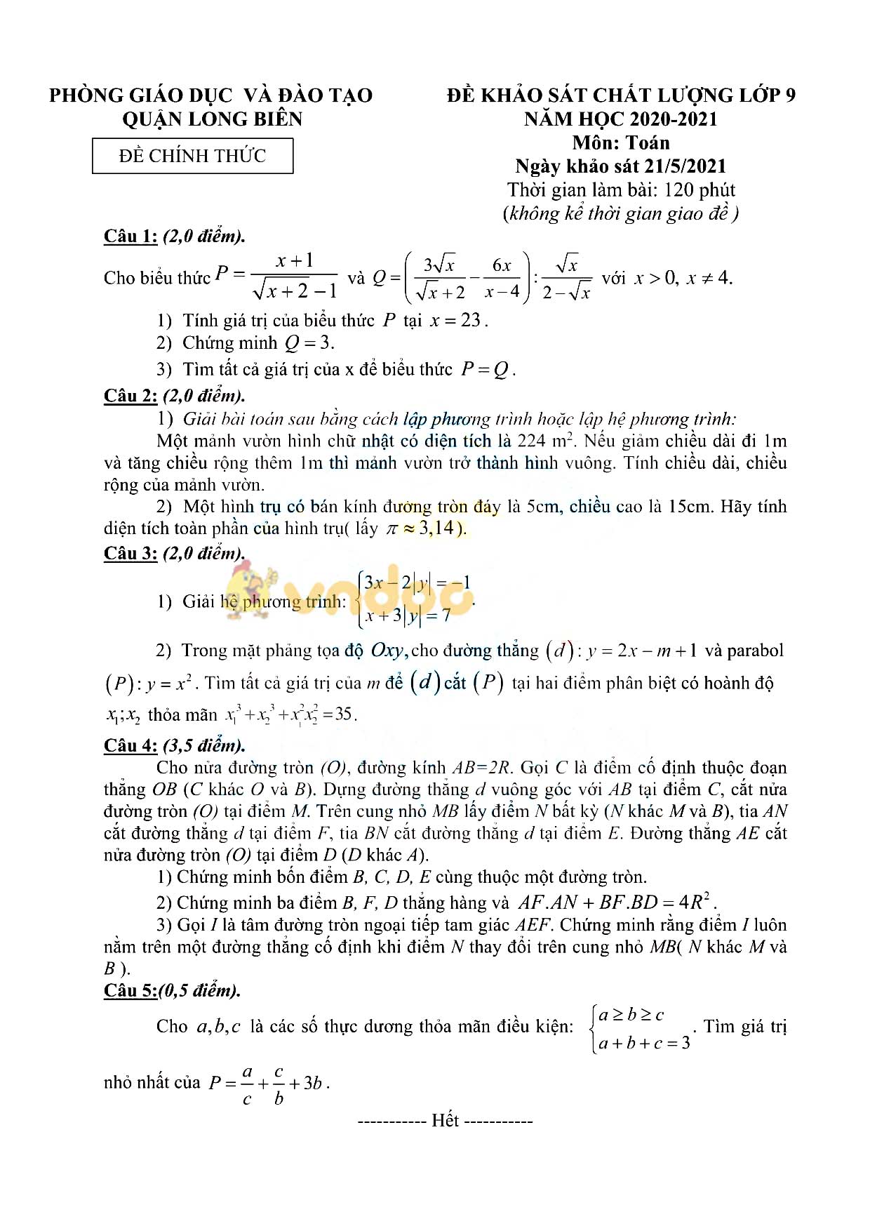 Đề thi thử vào lớp 10 môn Toán Phòng GD&ĐT Quận Long Biên năm 2021 - 2022