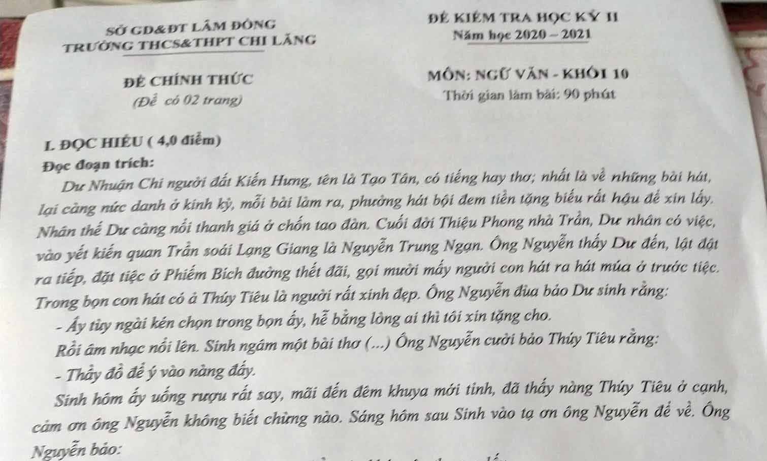 Đề thi học kì 2 môn Ngữ văn lớp 10 trường THPT Chi Lăng, Lâm Đồng năm 2020-2021
