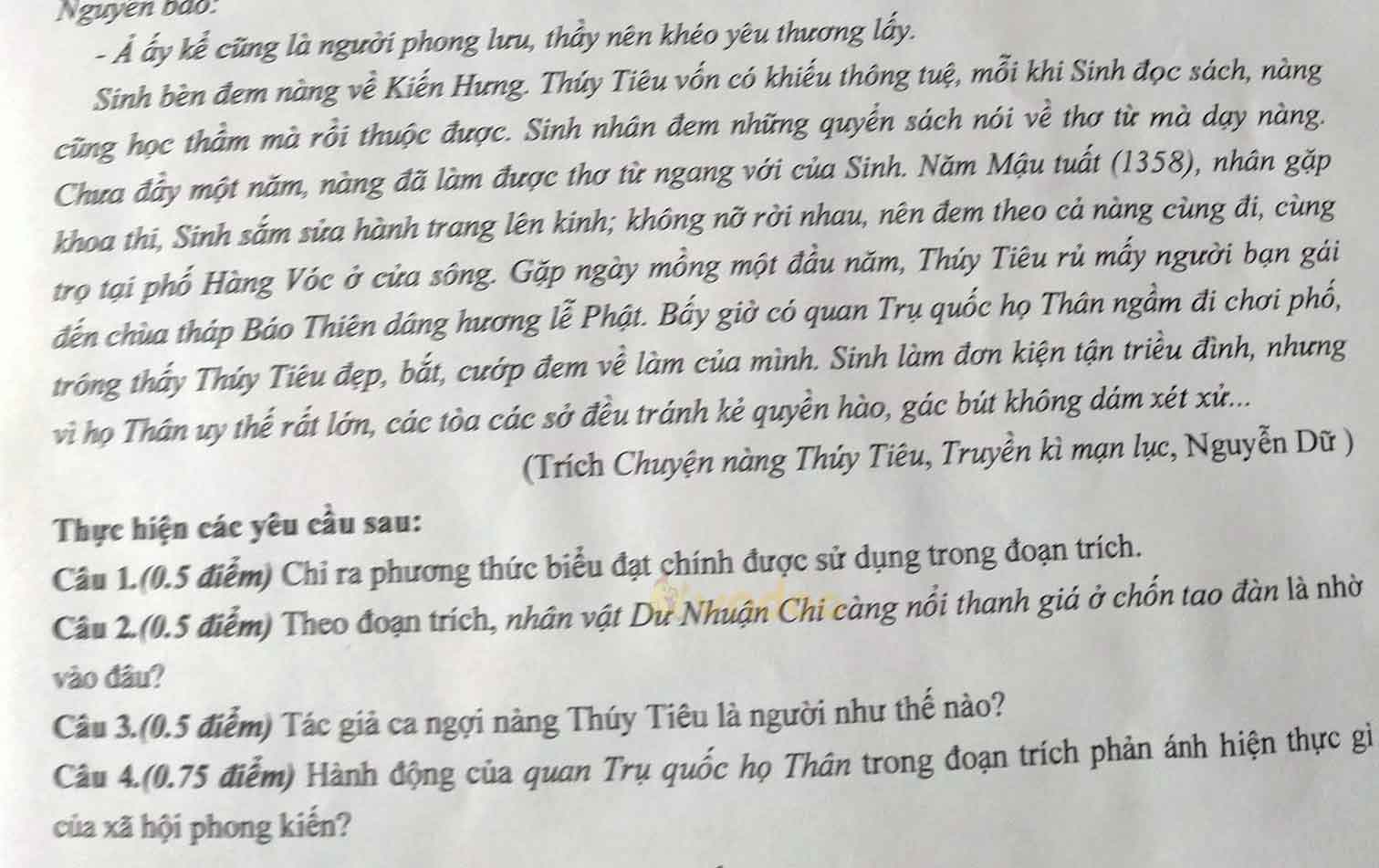 Đề thi học kì 2 môn Ngữ văn lớp 10 trường THPT Chi Lăng, Lâm Đồng năm 2020-2021